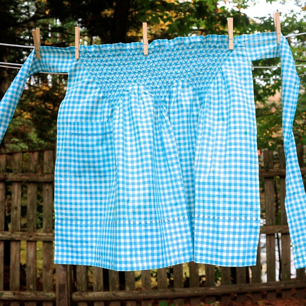 Vtg Teal Blue Gingham Check Apron Smocked Waist View 6